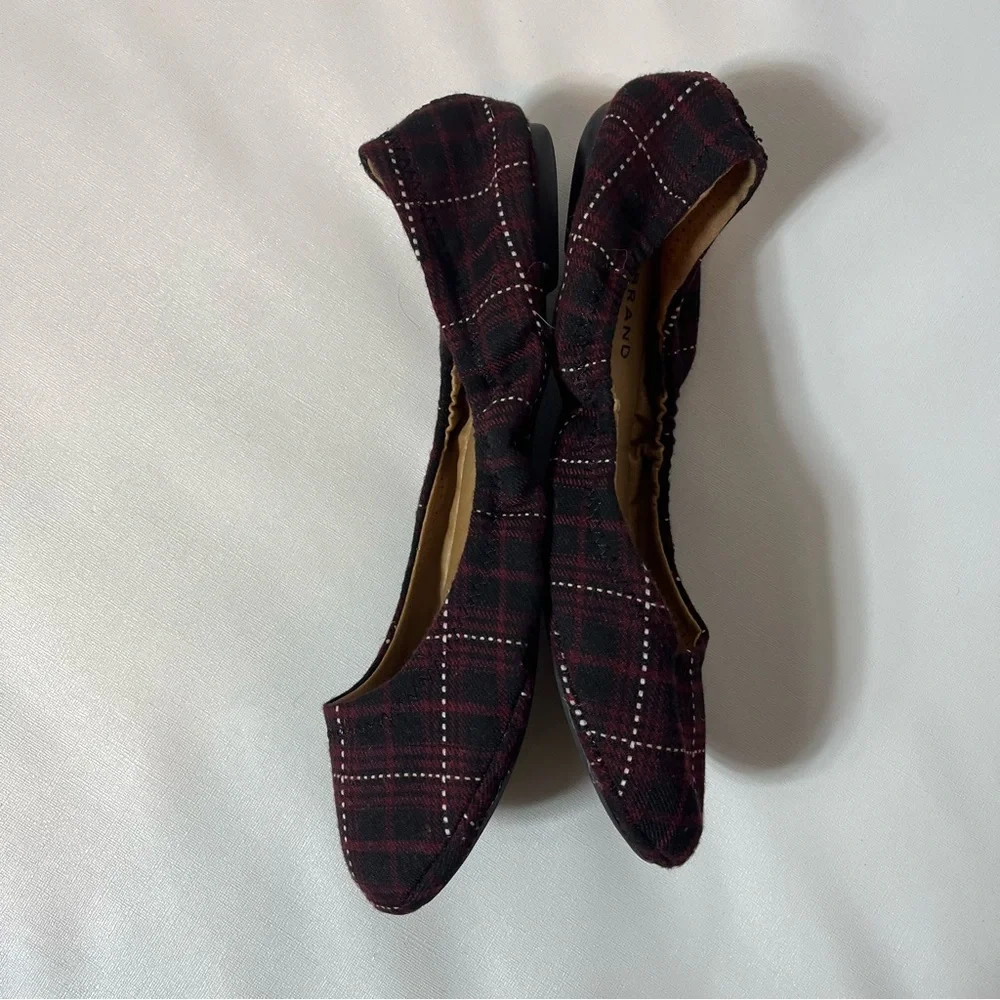 Lucky Brand Erin Plaid Ballet Flats Slip On Burgundy/blk/wht Fabric Shoes Sz 8M